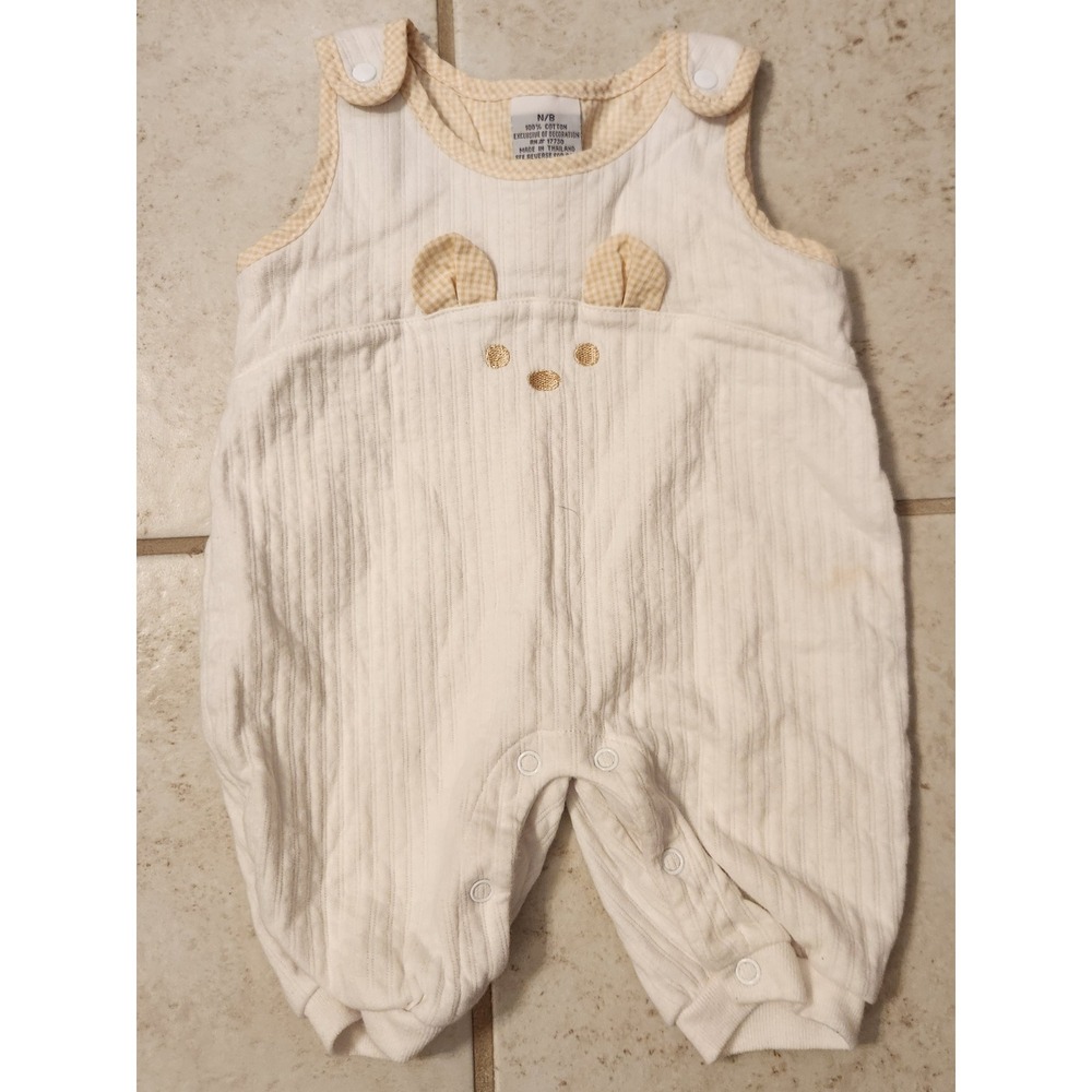 Newborn White Cotton Bear Romper Gingham Trim Sleeveless One Piece N/B